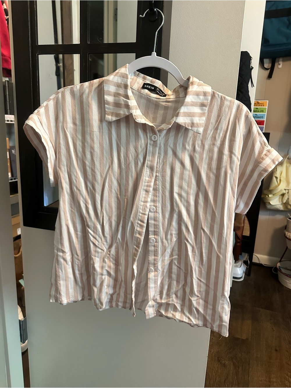 SHEIN Cream & White Striped Short Sleeve Button-Up